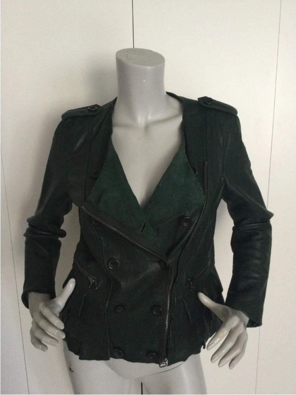 3.1 Phillip Lim Soft Green Ruffled Hem Lamb Leather Jacket Size 8